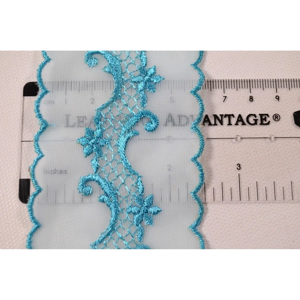Vintage Blue Embroidered Tulle Trim Lace Embroidered Scalloped Edge 6.75 yards